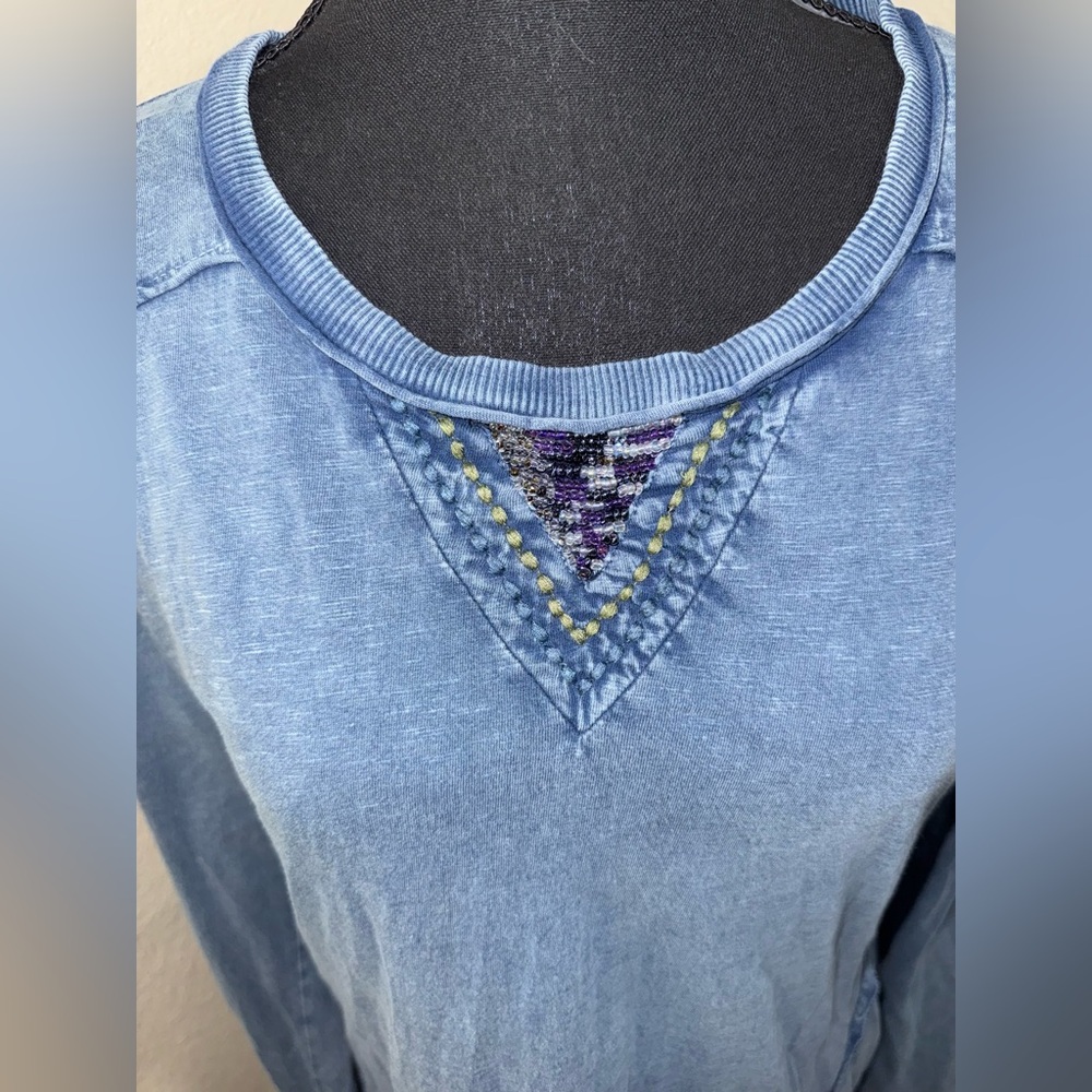 Spense Blue Acid Wash Boho Top Embroidered Y2K Long Sleeve Tee- Medium - Picture 4 of 9